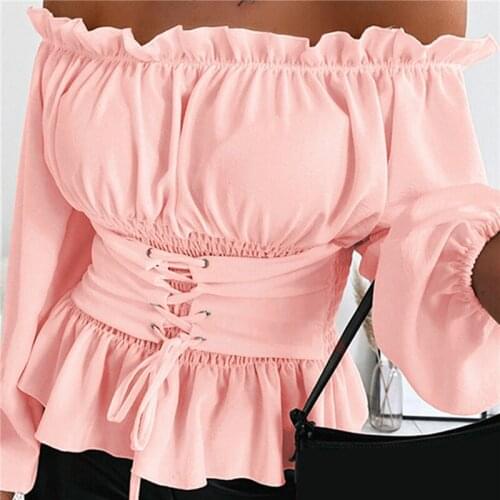 Women Long Sleeve Summer Tops Sexy Tops Temperament Fashion One-word Shoulder Folds Ruffled Women Tops Solid Color For Woman