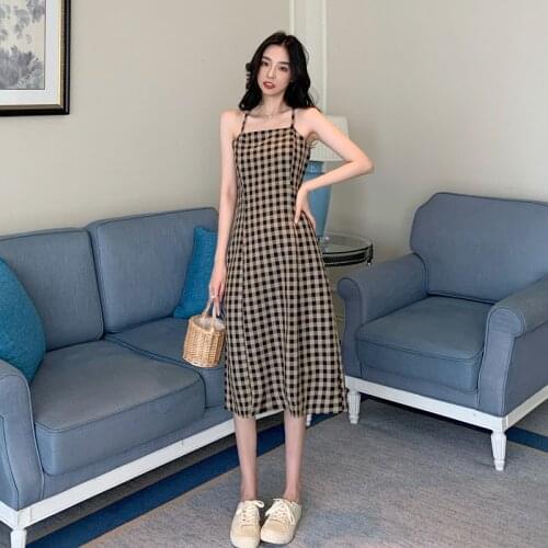 Vintage Women Dress Plaid Sling Long Dresses Sexy Sleeveless A-line Woman Dresses Summer 2021