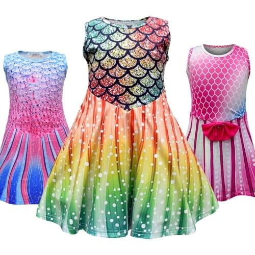 2-8T Girl Mermaid Dress Children Sleeveless Scales 3D Printed Sundress Children Summer Arier Princess Dress Girl Milk Silk Frock