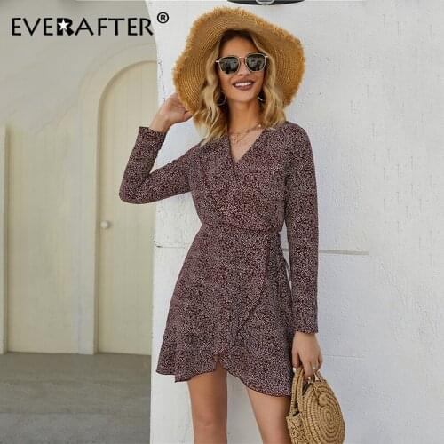 EVERAFTER Elegant polka dot print party dress women v-neck long sleeve sashes ruffled vintage bodycon streetwear ladies vestidos