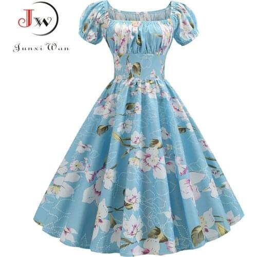Women Vintage Floral Printed Summer Dress Puff Sleeve Elegant A-line Midi Party Dress Robe Chic Rockabilly Pinup Vestidos