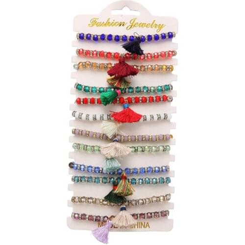 12 Pcs/Sets Colorful Crystal Acrylic Beaded Charm Bracelet 2021 Fashion Retro Tassel String Bracelet for Women Pulseras Mujer