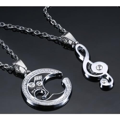 2Pcs Fashion Stainless Steel Necklace 2021 Trend Couple Moon Musical Note Pendant Necklace for Women Men Lovers Valentines Gift