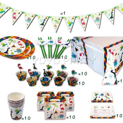72Pcs for 10kids Dinosaur Dino theme birthday party supplies tableware set, plate+cup+straw+banner+tablecover ect