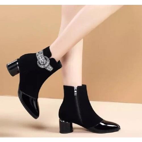 Fashion Buckle Leather Rhinestones Ankle Boots Woman Brand Round Toe Shoes Female Spring Autumn Boots Women