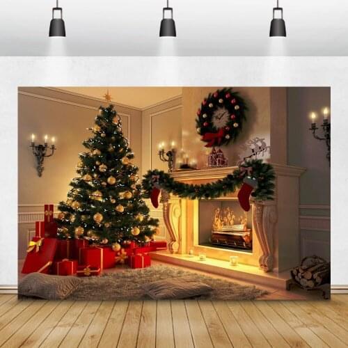 Laeacco Christmas Tree Gifts Fireplace Home Photography Backdrops Vinyl Backdrop Custom Backgrounds Photography For Photo Studio