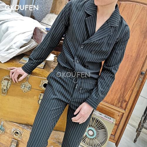 Fashion New Mens Slim Striped suit collar long-sleeved shirt set i Korean version British slim shirt striped shirt