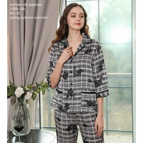 Naizaiga 100% silk three-quarter sleeves Two-piece suit of silkworm silk casual home wear women pajamas suit , SKFS2