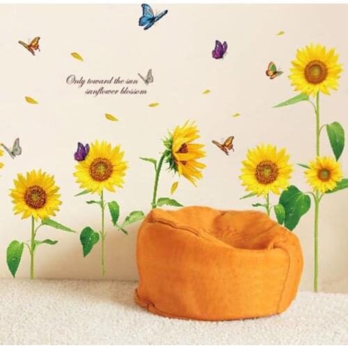 Sunflower Wall Sticker Removable Green Leaf with Butterfly Stickers for Living Room Kids Room Bedroom DIY Wall Decal Home Decor