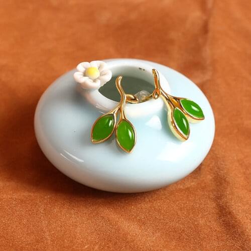 Independent design ancient gold craftsmanship natural Hetian jade leaves horse eye shape elegant luxury ladies silver jewelry