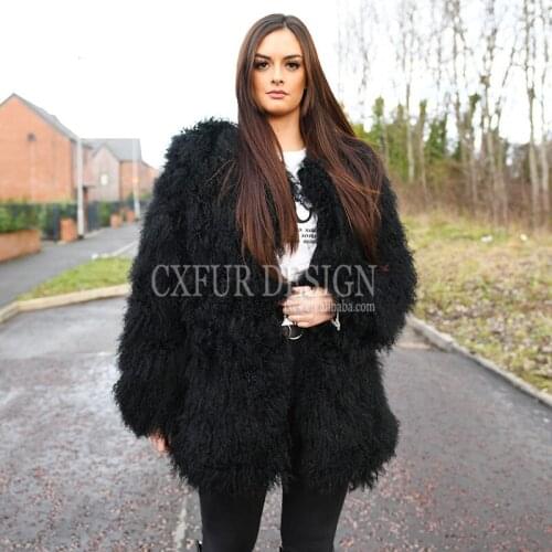 CX-G-A-270 Custom Size 80cm Length Winter Women Genuine Real Mogolian Lamb Fur Coat