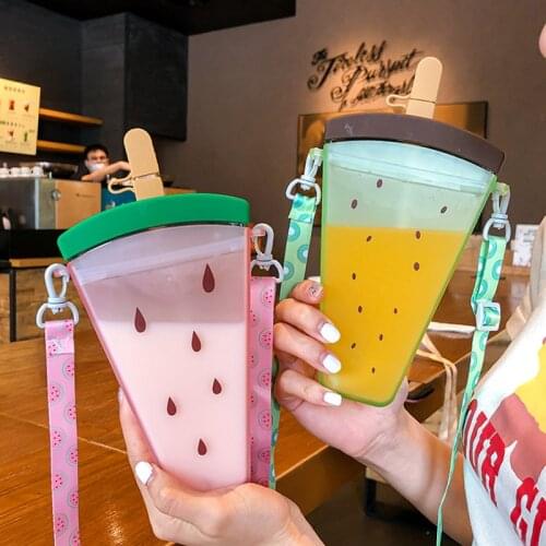 320ml Plastic Water Bottles 4 Colors Cute Watermelon Ice Cream Water Bottle With Straw Anti-Fall Water Bottles Portable Popsicle
