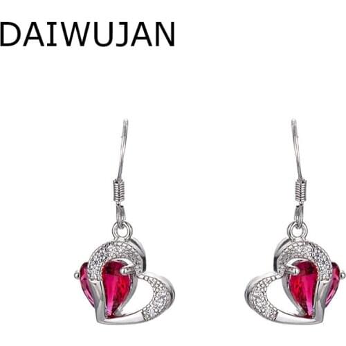 DAIWUJAN Romantic Heart-shaped Crystal Hanging Dangle Earrings for Women Blue Purple Red Love Drop Earring Bride Wedding Jewelry