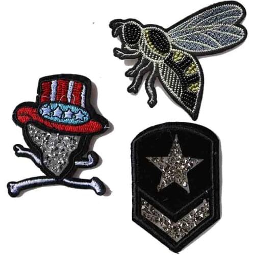 Handmade Rhinestone beaded&sequin Patches, Bees Hat Military rank Crystal pearl patch for clothes beaded Applique cute badges