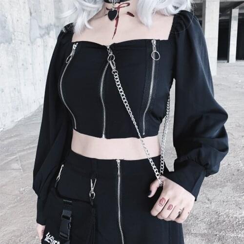 Ruibbit Women T shirts Sexy Club Gothic Black Spring Autumn Slim Chain Punk Style OL Ladies Female Fashion Goth Chic Tops