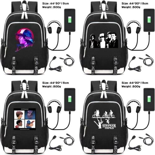 Stranger Things Dustin Canvas Backpack USB Charging Headphone Travel Laptop Bag Teenager Student Zip Cartoon Schoolbag Rucksack