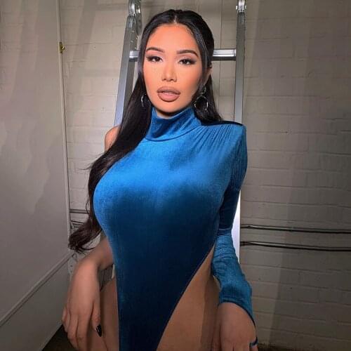 Blue Velvet Turtleneck Sexy Sleeveles Bodysuit Party Clubwear One Shoulder Romper Womens Jumpsuit Slim Fashion Female Bodysuits