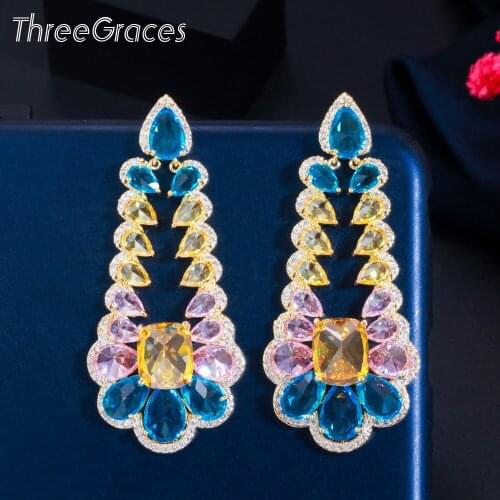 ThreeGraces Bohemian Colorful CZ Crystal Yellow Gold Color Big Statement Dangle Earrings for Women Fashion Wedding Jewelry ER557
