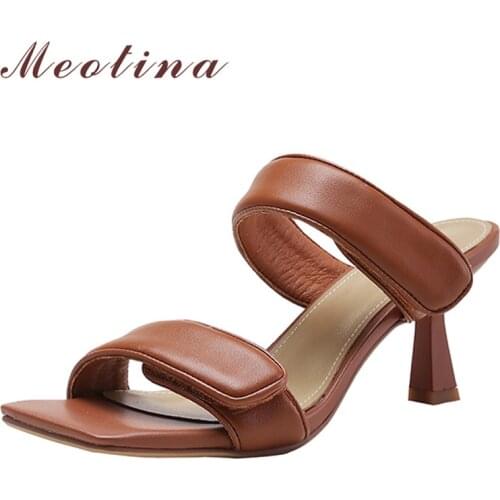 Meotina Women Sandals Shoes Genuine Leather Sandals Narrow Band Low Heel Sandals Round Toe Thick Heel Lady Footwear Summer Beige
