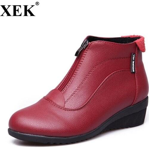 XEK Ankle Boots Women Autumn Winter Leather Boots Fashion Flats Casual Ankle Boots For Women Round Toe Zip Boots wyq272