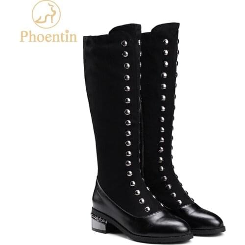 Phoentin punk rivet mid calf boots for women med square heel pointed toe patchwork short boot plus size large womens boots FT280