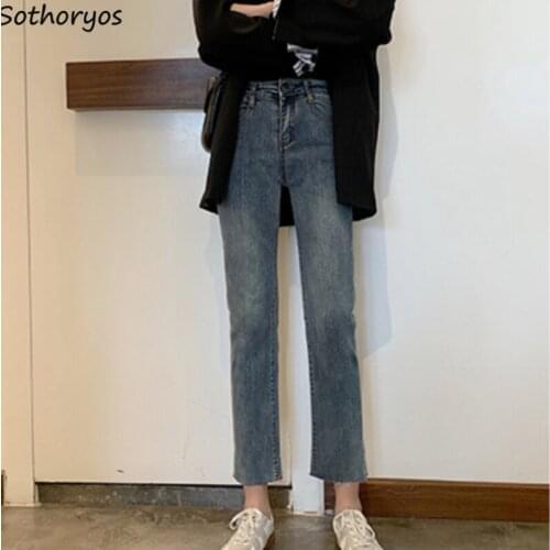 Jeans Women Ankle-length Trousers High Waist Straight Loose Casual Korean Style Pocket Chic Zipper Button Fly Trendy Simple New