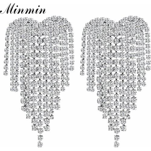 Minmin Silver Color Crystal Large Tassel Earrings for Women Statement Heart Long Dangle Earrings Fashion Wedding Jewelry MEH1248