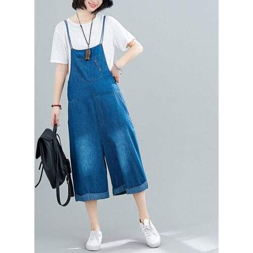 #0434 Overalls For Women Causl Loose Thin Spring Wide Leg Pants Blue Jumpsuit Denim Knee Length Big Pockets Summer Jumpsuits