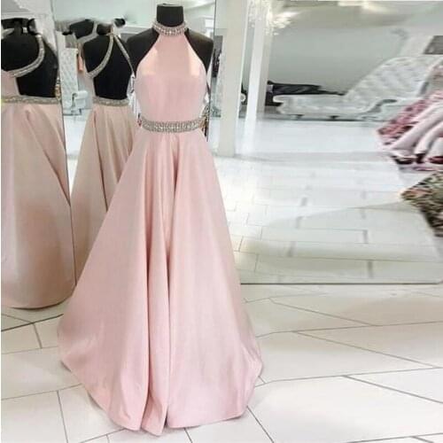 2019New Sleeveless Beaded Crystal Halter Neck Backless Satin Pink Evening Dress vestidos de fiesta Long Graduation Prom Dresses