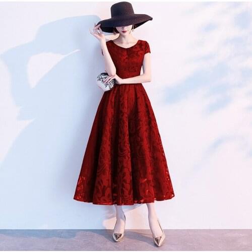 Burgundy Women Banquet A-Line Dresses Sweet Embroidery Flowers Mid-Length Skirt Bride Wedding Party Gown Vestidos De Festa 3XL