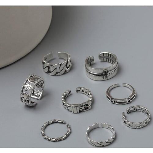 Morivovog 925 Sterling Silver 8 Style Chain Rings Vintage Do The Old Belt Buckle Weave Layer Rings for Women Minimalist Jewelry
