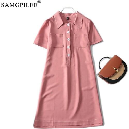 Summer Women Clothing 2021 New Korean Style Casual A-line Solid Short Sleeve Pockets Knee-length Empire Polo Collar Dresses 4XL