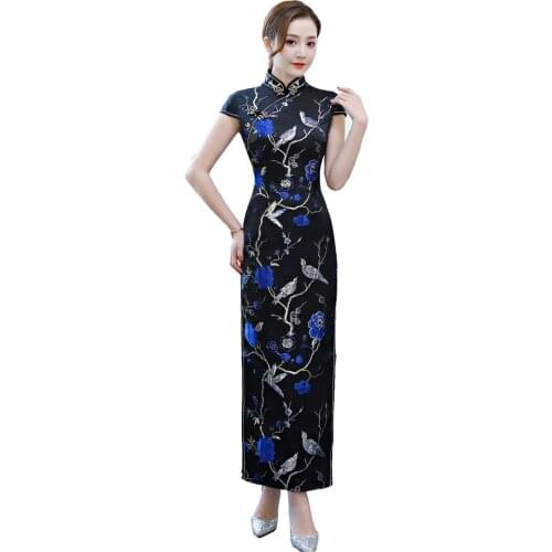 Shanghai Story 2019 New Party Dress Long Qipao Chinese traditional dress Short Sleeve Flower Embroidery Cheongsam for Women