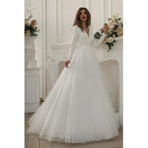 Ivory Satin Tulle Long Sleeves Floor-Length Princess A-Line Wedding Dresses Custom Made V-Neck Bridal Gowns
