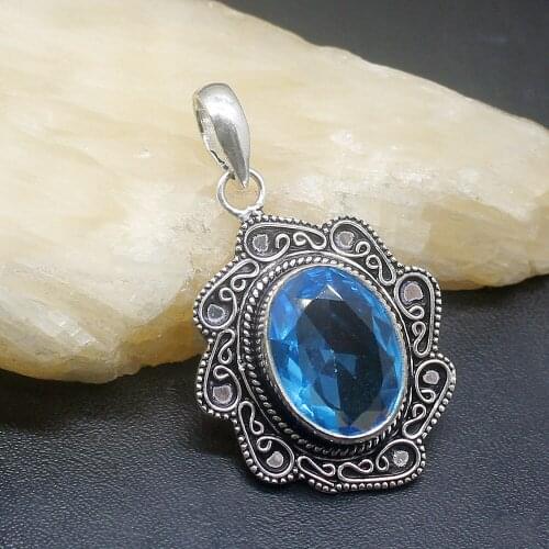 Gemstonefactory Jewelry Big Promotion 925 Silver Amazing Shiny Blue Topaz Women Ladies Mom Gifts Necklace Pendant 0422