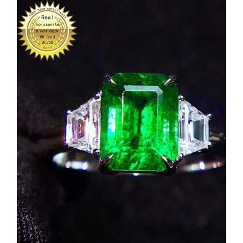 9K Gold Lab Created 2ct Emerald and 0.5ct Moissanite Diamond Ring With national certificate Em-002