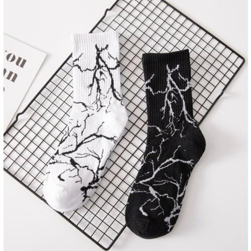 Crew Sock Men and Women Harakuju Black White Lightning Socks Hip Hop Style Street Cotton Fashion Trend New Young Sports Socks