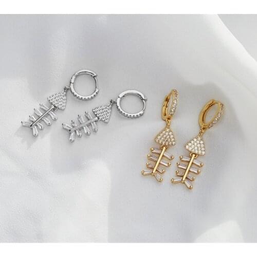 HECHENG 1Pair fish bone earrings,wholesale,for women girls gift,cz Rhinestone Fish Dangle Jewelry