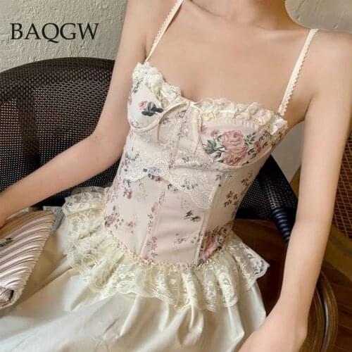 Lace Patchwork Corset Womens Vintage Floral Party Tops Bodycon Bustier Elegant Top Vest Back Cross Lace-Up Tank Camis Femme