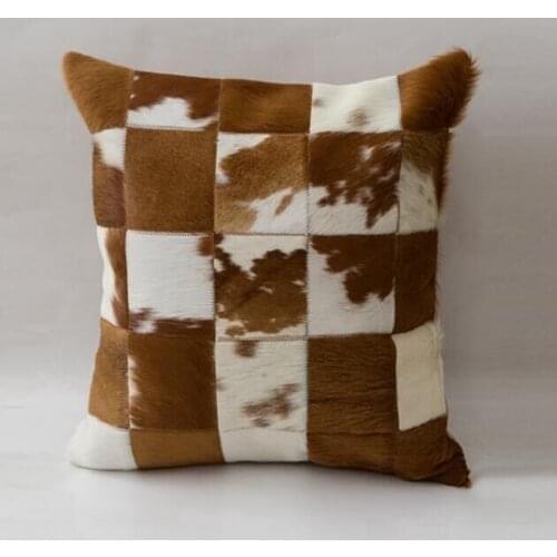 American Style Natural Patchwork Collection Cowhide Fur Cushion 45x45 cm Brown Black White Set of 2, without filler