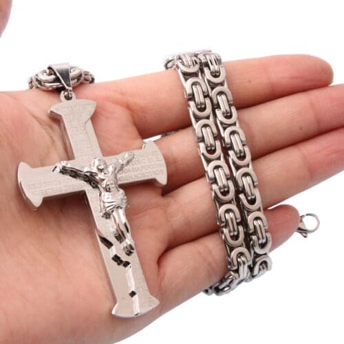 New Fashion Mens Chain Jesus Crucifixion Cross Pendant Necklace Stainless Steel Byzantine Link Silver Color 18-36 inch