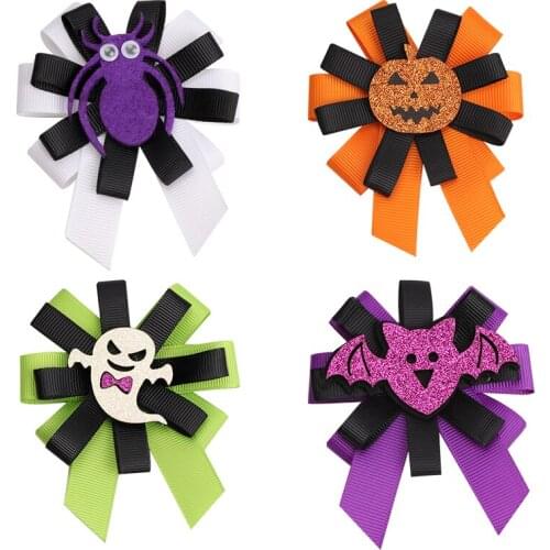 Oaoleer 3Inch Halloween Hair Bows Cartoon Ghost Spider Bat Hairpins Clips Baby Hairpin Hair Accessories Halloween Ball Dress Up
