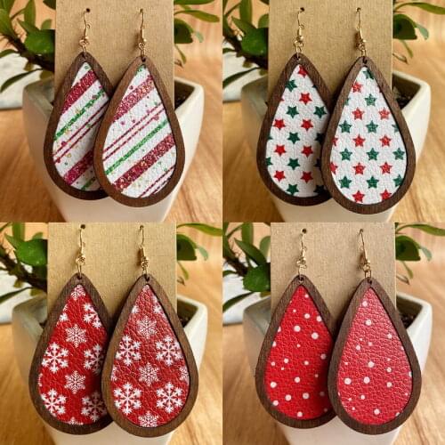 Festivity Red Buffalo Plaid PU Leather Teardrop Wooden Earrings 2021 Fashion Christmas Snowflake Star Stripe Gifts Jewelry