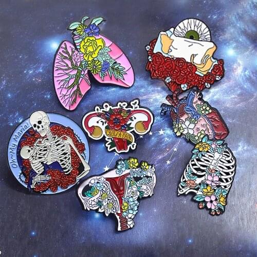 Rose Skeleton Body Organs Heart Uterus Eyes Bones Enamel Pin Oh~My Maria! Flowers Skull Brooches Badges Jewelry Gifts