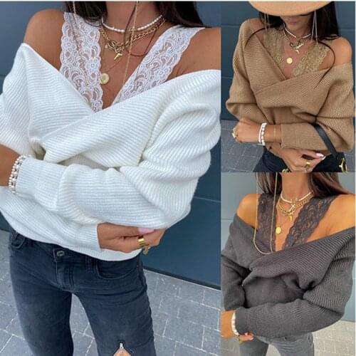 Spring Autumn Women Top Sexy Solid Lace Suspender Off Shoulder Long Sleeve Hot Sexi Loose Pullover V-neck Thin Tops Plus Size