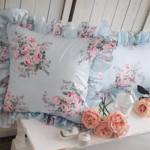 Blue Floral print cushion cover elegant ruffle pillow case bedding sofa pillowcase princess cushion decorative covers no filler