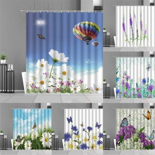 Floral Plant Scenery Shower Curtain Spring Sunny Garden Flowers Butterfly Hot Air Balloon Landscape Bath Curtains Waterproof Set