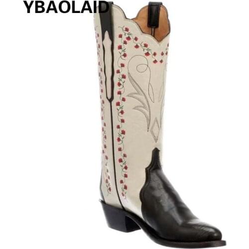 Round Head Black and White Color Matching Embroidery Flowers V-sleeve Thick High-heeled Denim Knight Fashion Womens Boots