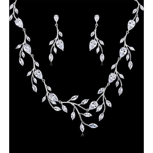 2019 Crystal CZ Cubic Zirconia Bridal Wedding Leaf Necklace Earring Set Jewelry Sets for Women Accessories CN10124