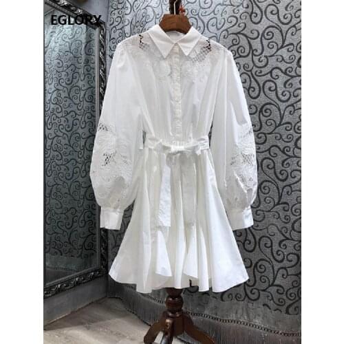 New 2021 High Quality Spring Dress Women Turn-down Collar Hollow Out Lace Embroidery Long Sleeve Big Swing White Shirt Dress